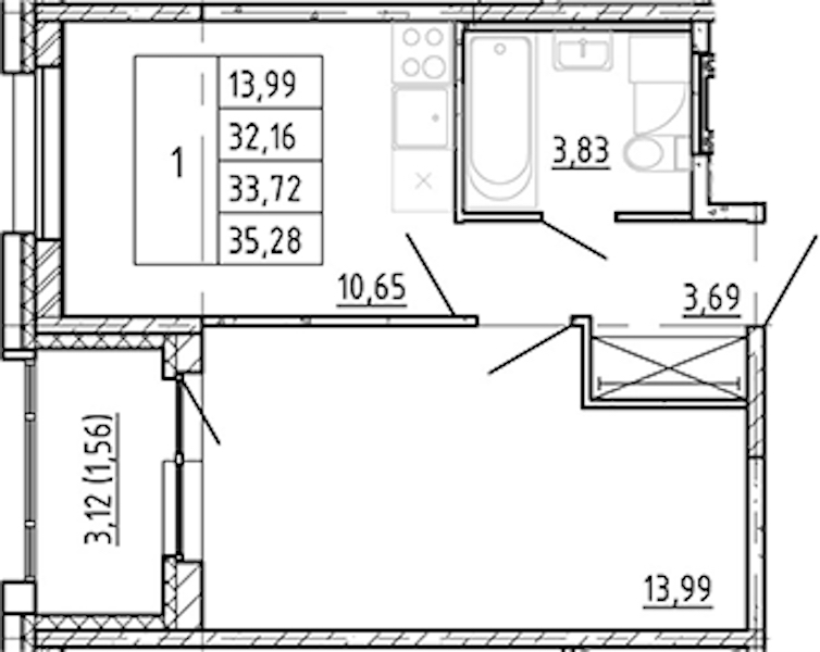 1-комнатная квартира 32.16 м², 4/12 эт., ЖК «Полис Новоселье»